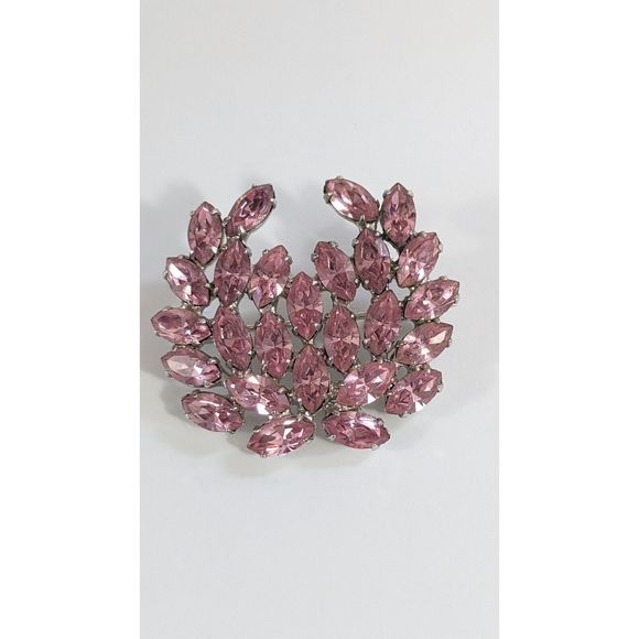 Pink Rhinestone Wreath Crest Brooch Pin signed  B David - Silver Toned - Picture 7 of 11